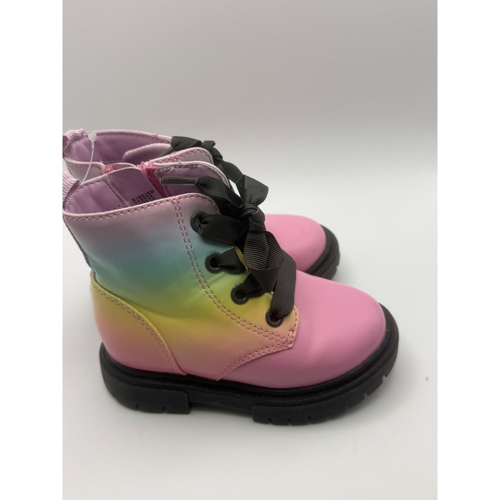 Cat & Jack Toddler Girls Rainbow Ombre Combat‎ Boots Pink Ribbon Laces Size 6